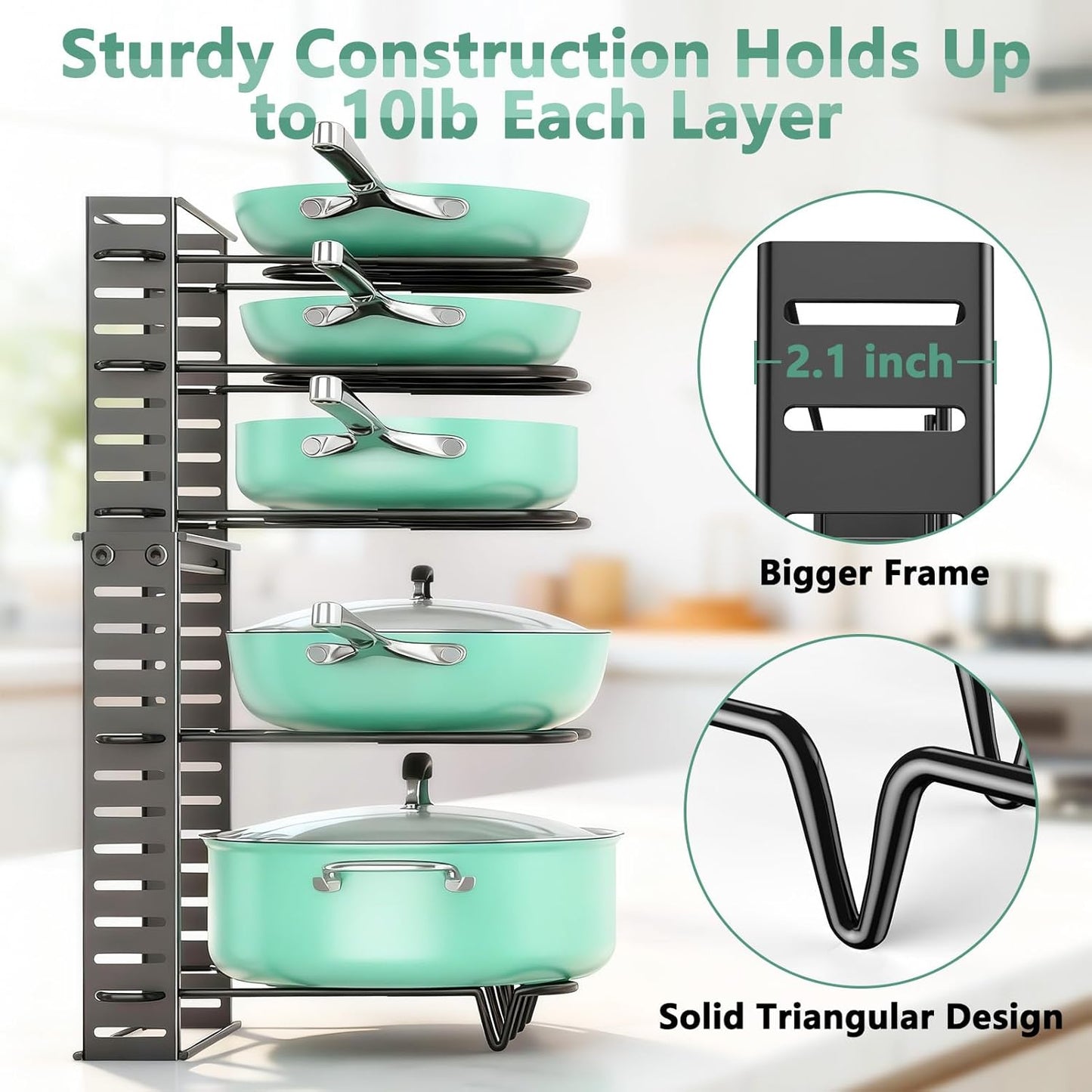 Pots and Pans Organizer for Cabinet 16.61 Height, 8 Tier Pot Organizers Rack with 3 DIY Methods, Adjustable Pan Organizer under Cabinet Kitchen Organization and Storage