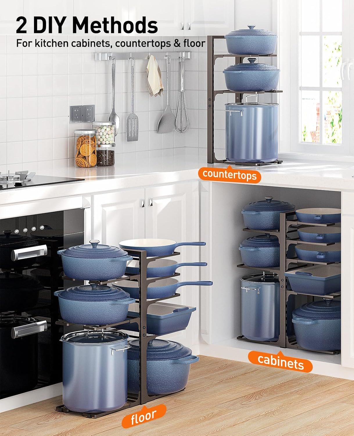 Pots and Pans Organizer for Cabinet 16.61 Height, 8 Tier Pot Organizers Rack with 3 DIY Methods, Adjustable Pan Organizer under Cabinet Kitchen Organization and Storage
