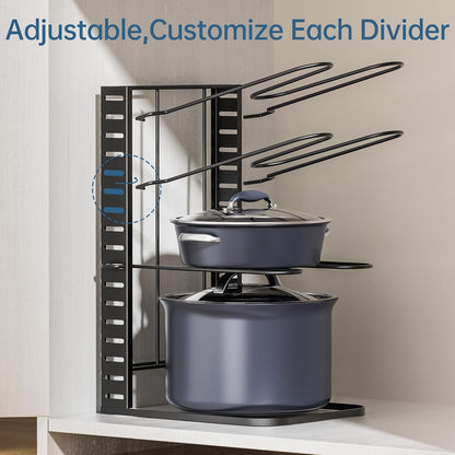Pots and Pans Organizer for Cabinet 16.61 Height, 8 Tier Pot Organizers Rack with 3 DIY Methods, Adjustable Pan Organizer under Cabinet Kitchen Organization and Storage
