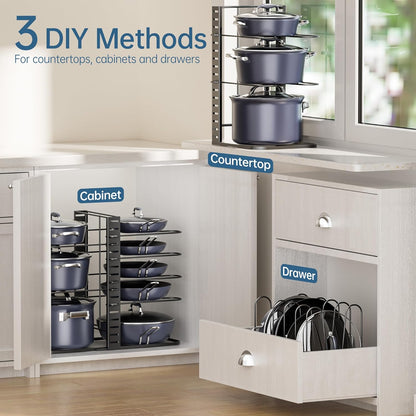 Pots and Pans Organizer for Cabinet 16.61 Height, 8 Tier Pot Organizers Rack with 3 DIY Methods, Adjustable Pan Organizer under Cabinet Kitchen Organization and Storage