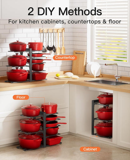 Pots and Pans Organizer for Cabinet 16.61 Height, 8 Tier Pot Organizers Rack with 3 DIY Methods, Adjustable Pan Organizer under Cabinet Kitchen Organization and Storage