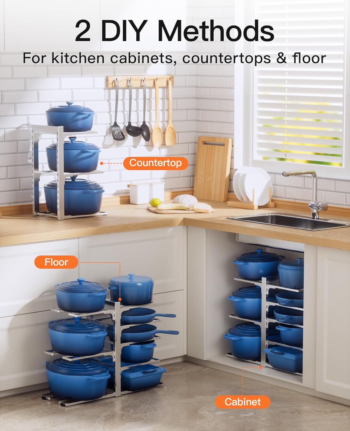 Pots and Pans Organizer for Cabinet 16.61 Height, 8 Tier Pot Organizers Rack with 3 DIY Methods, Adjustable Pan Organizer under Cabinet Kitchen Organization and Storage