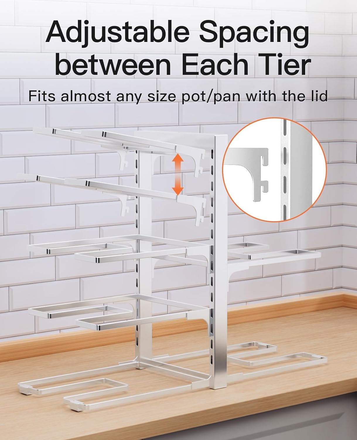 Pots and Pans Organizer for Cabinet 16.61 Height, 8 Tier Pot Organizers Rack with 3 DIY Methods, Adjustable Pan Organizer under Cabinet Kitchen Organization and Storage