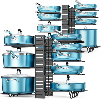 Pots and Pans Organizer for Cabinet 16.61 Height, 8 Tier Pot Organizers Rack with 3 DIY Methods, Adjustable Pan Organizer under Cabinet Kitchen Organization and Storage