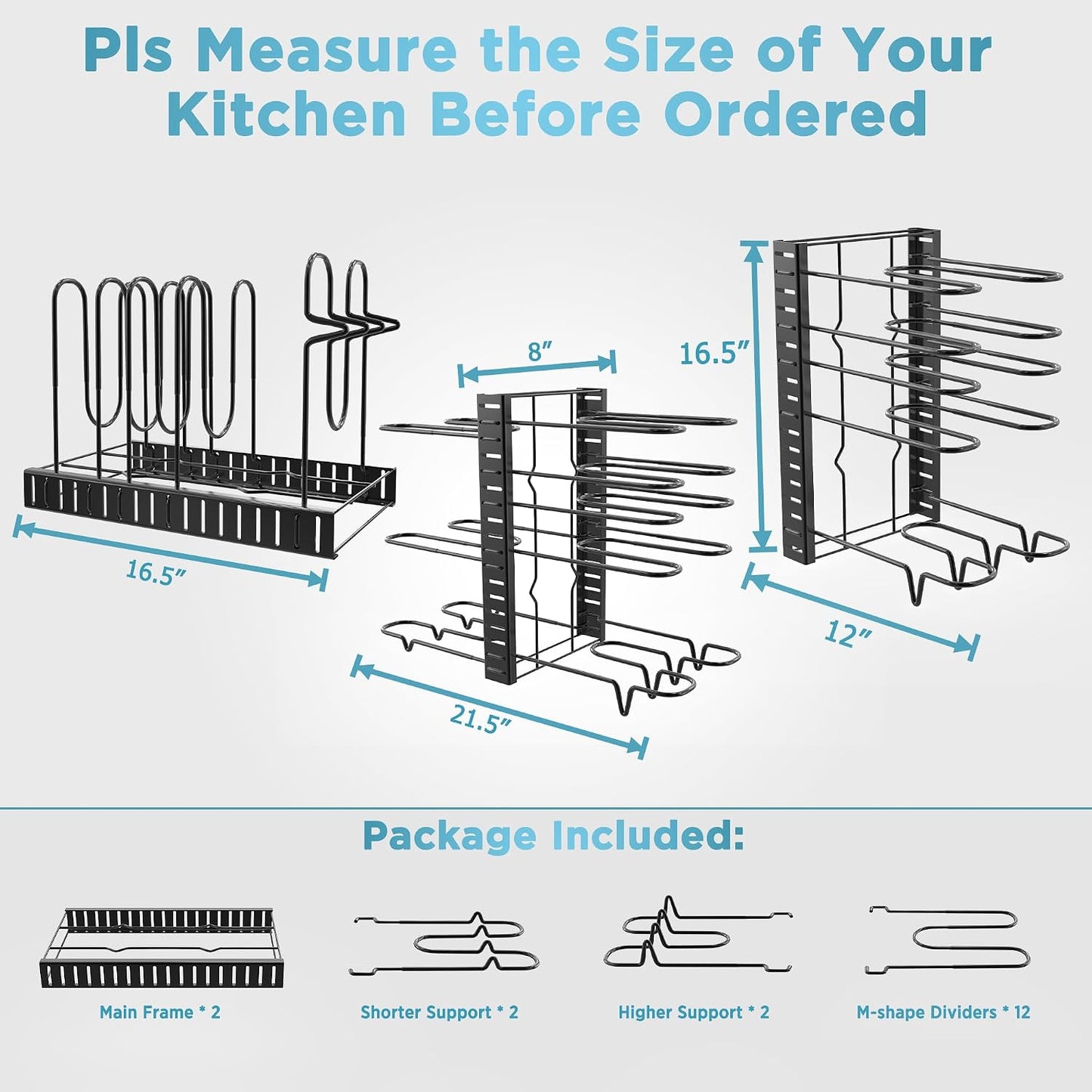 Pots and Pans Organizer for Cabinet 16.61 Height, 8 Tier Pot Organizers Rack with 3 DIY Methods, Adjustable Pan Organizer under Cabinet Kitchen Organization and Storage