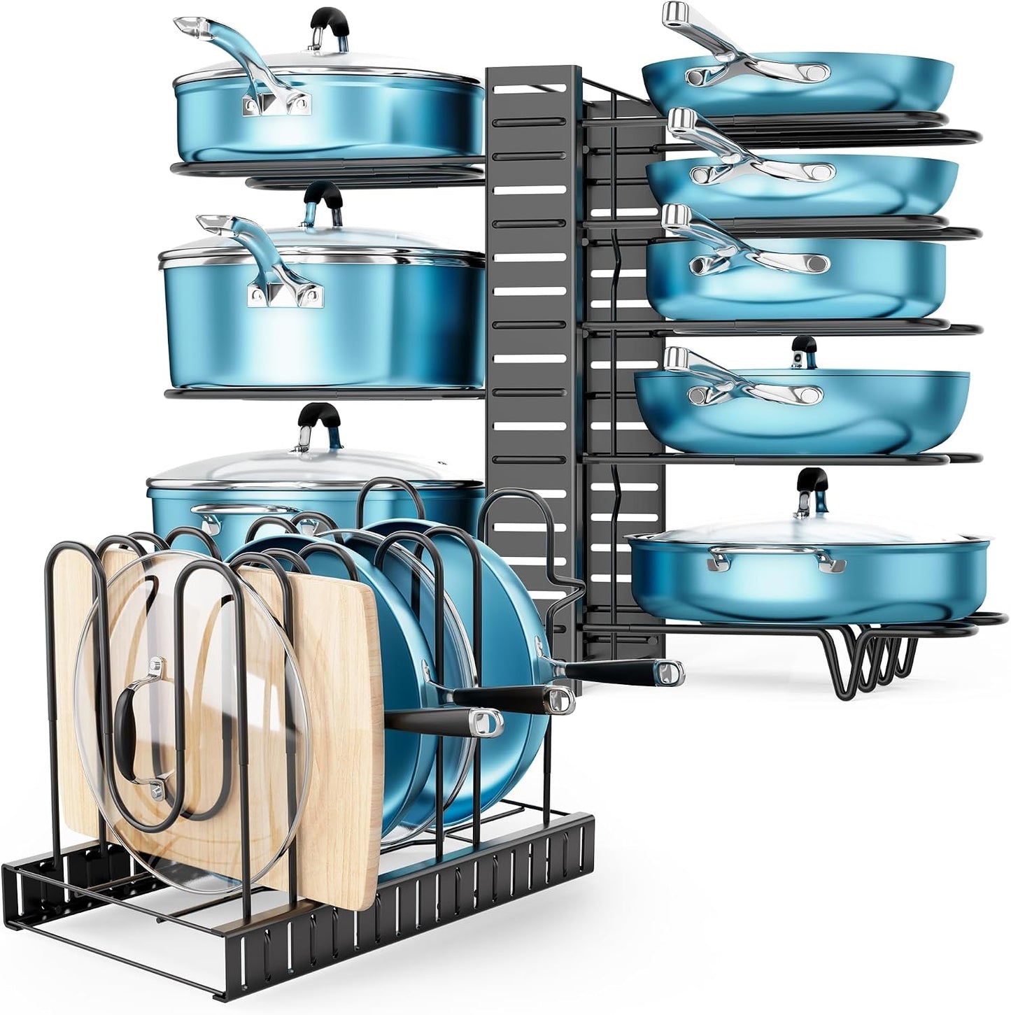 Pots and Pans Organizer for Cabinet 16.61 Height, 8 Tier Pot Organizers Rack with 3 DIY Methods, Adjustable Pan Organizer under Cabinet Kitchen Organization and Storage