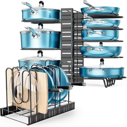 Pots and Pans Organizer for Cabinet 16.61 Height, 8 Tier Pot Organizers Rack with 3 DIY Methods, Adjustable Pan Organizer under Cabinet Kitchen Organization and Storage