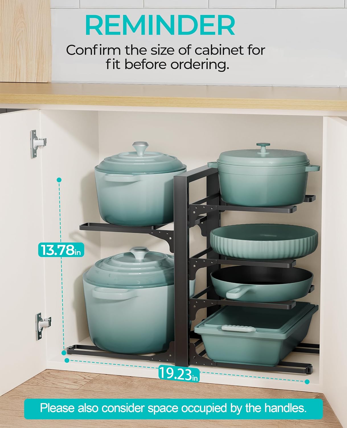 Pots and Pans Organizer for Cabinet 16.61 Height, 8 Tier Pot Organizers Rack with 3 DIY Methods, Adjustable Pan Organizer under Cabinet Kitchen Organization and Storage
