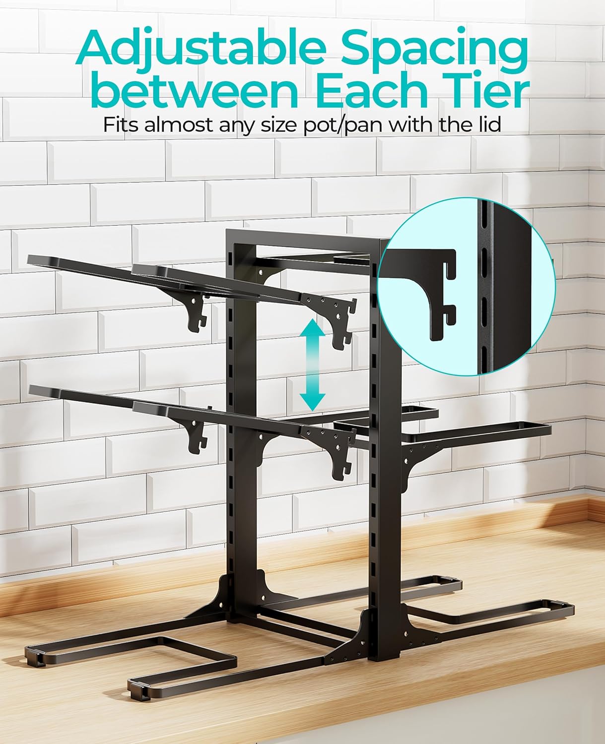 Pots and Pans Organizer for Cabinet 16.61 Height, 8 Tier Pot Organizers Rack with 3 DIY Methods, Adjustable Pan Organizer under Cabinet Kitchen Organization and Storage