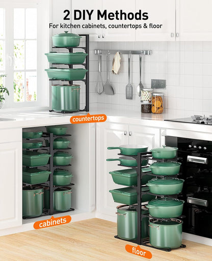 Pots and Pans Organizer for Cabinet 16.61 Height, 8 Tier Pot Organizers Rack with 3 DIY Methods, Adjustable Pan Organizer under Cabinet Kitchen Organization and Storage