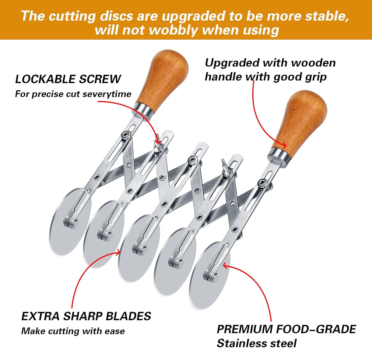 5 Wheel Pastry Cutter Stainless, Multi-Round Wheel Pasta Dough Cutter | Roller Pizza Slicer with Wooden Handle, Accordion Pastry Knife Divider Tool