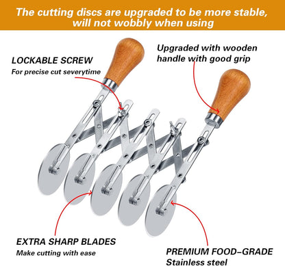 5 Wheel Pastry Cutter Stainless, Multi-Round Wheel Pasta Dough Cutter | Roller Pizza Slicer with Wooden Handle, Accordion Pastry Knife Divider Tool