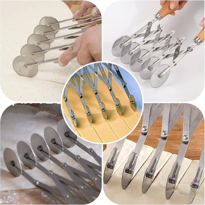 5 Wheel Pastry Cutter Stainless, Multi-Round Wheel Pasta Dough Cutter | Roller Pizza Slicer with Wooden Handle, Accordion Pastry Knife Divider Tool