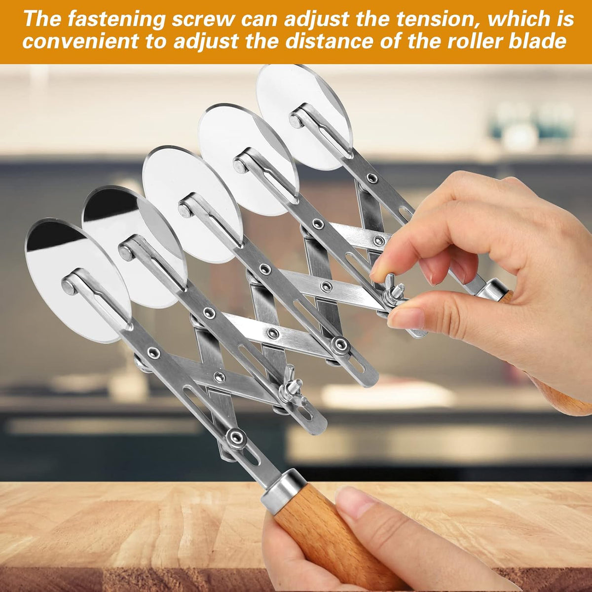 5 Wheel Pastry Cutter Stainless, Multi-Round Wheel Pasta Dough Cutter | Roller Pizza Slicer with Wooden Handle, Accordion Pastry Knife Divider Tool