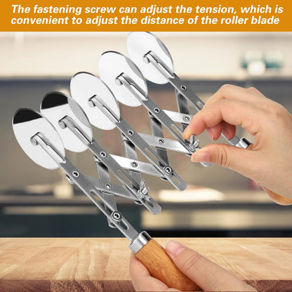 5 Wheel Pastry Cutter Stainless, Multi-Round Wheel Pasta Dough Cutter | Roller Pizza Slicer with Wooden Handle, Accordion Pastry Knife Divider Tool