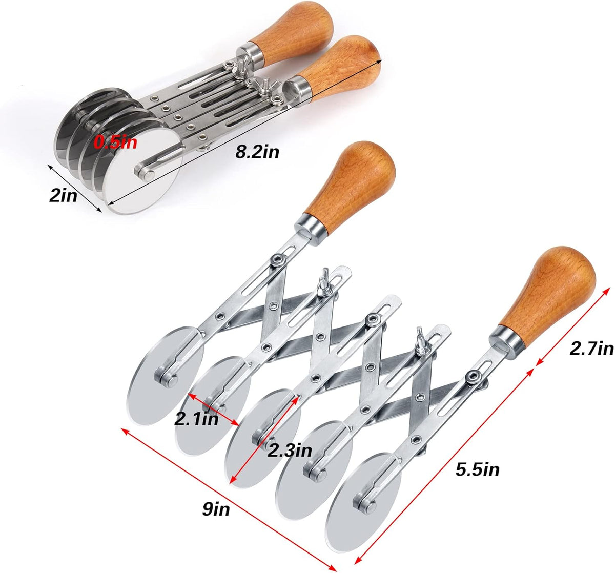 5 Wheel Pastry Cutter Stainless, Multi-Round Wheel Pasta Dough Cutter | Roller Pizza Slicer with Wooden Handle, Accordion Pastry Knife Divider Tool