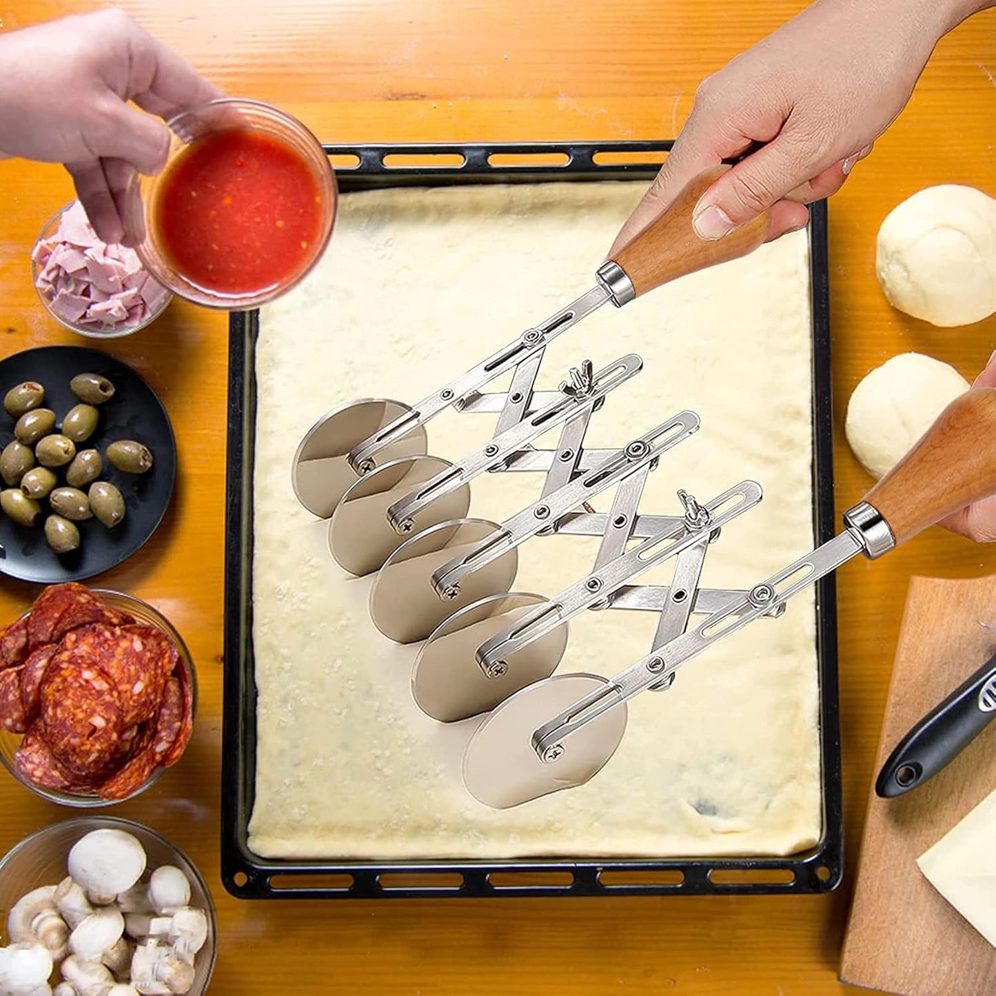 5 Wheel Pastry Cutter Stainless, Multi-Round Wheel Pasta Dough Cutter | Roller Pizza Slicer with Wooden Handle, Accordion Pastry Knife Divider Tool