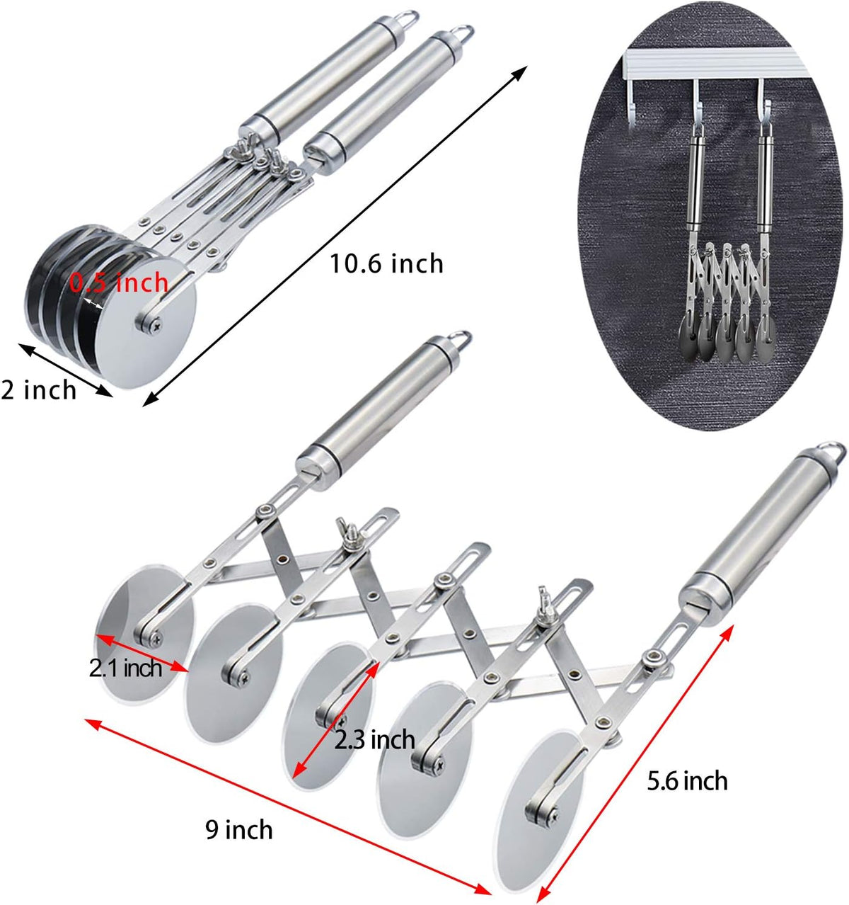 5 Wheel Pastry Cutter Stainless, Multi-Round Wheel Pasta Dough Cutter | Roller Pizza Slicer with Wooden Handle, Accordion Pastry Knife Divider Tool