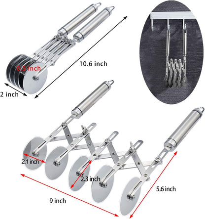 5 Wheel Pastry Cutter Stainless, Multi-Round Wheel Pasta Dough Cutter | Roller Pizza Slicer with Wooden Handle, Accordion Pastry Knife Divider Tool