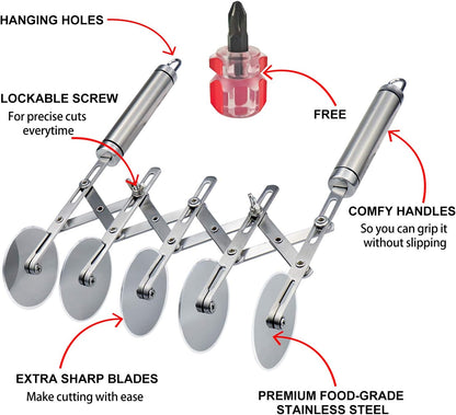 5 Wheel Pastry Cutter Stainless, Multi-Round Wheel Pasta Dough Cutter | Roller Pizza Slicer with Wooden Handle, Accordion Pastry Knife Divider Tool