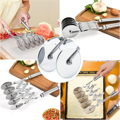 5 Wheel Pastry Cutter Stainless, Multi-Round Wheel Pasta Dough Cutter | Roller Pizza Slicer with Wooden Handle, Accordion Pastry Knife Divider Tool