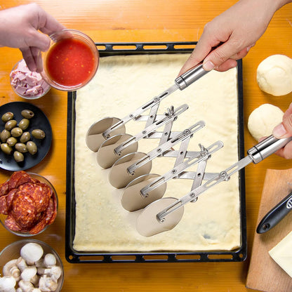 5 Wheel Pastry Cutter Stainless, Multi-Round Wheel Pasta Dough Cutter | Roller Pizza Slicer with Wooden Handle, Accordion Pastry Knife Divider Tool