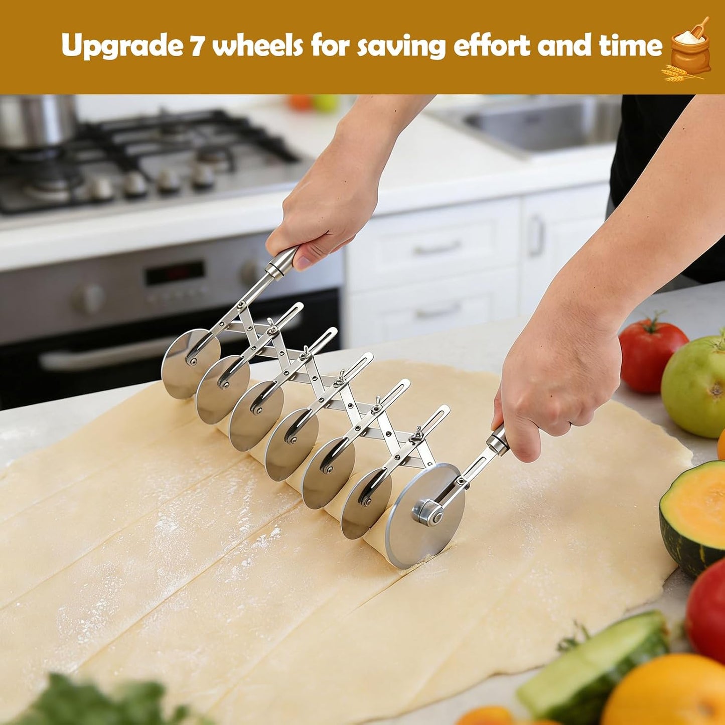 5 Wheel Pastry Cutter Stainless, Multi-Round Wheel Pasta Dough Cutter | Roller Pizza Slicer with Wooden Handle, Accordion Pastry Knife Divider Tool