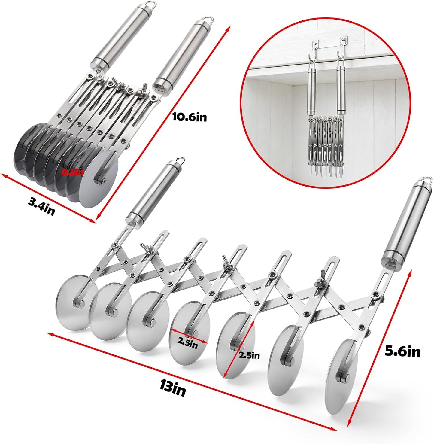 5 Wheel Pastry Cutter Stainless, Multi-Round Wheel Pasta Dough Cutter | Roller Pizza Slicer with Wooden Handle, Accordion Pastry Knife Divider Tool