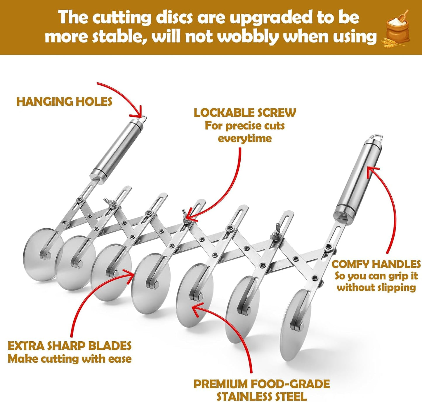 5 Wheel Pastry Cutter Stainless, Multi-Round Wheel Pasta Dough Cutter | Roller Pizza Slicer with Wooden Handle, Accordion Pastry Knife Divider Tool