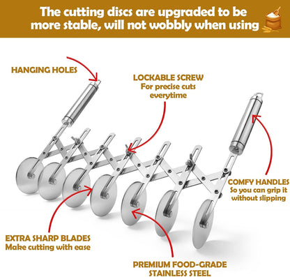5 Wheel Pastry Cutter Stainless, Multi-Round Wheel Pasta Dough Cutter | Roller Pizza Slicer with Wooden Handle, Accordion Pastry Knife Divider Tool