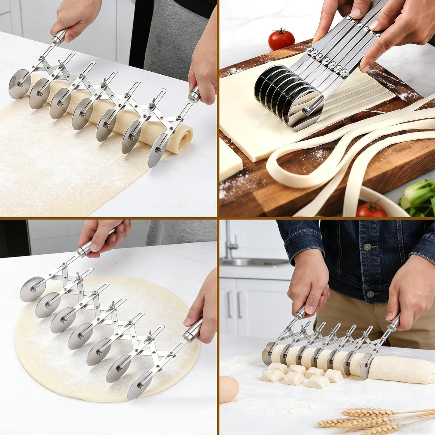 5 Wheel Pastry Cutter Stainless, Multi-Round Wheel Pasta Dough Cutter | Roller Pizza Slicer with Wooden Handle, Accordion Pastry Knife Divider Tool