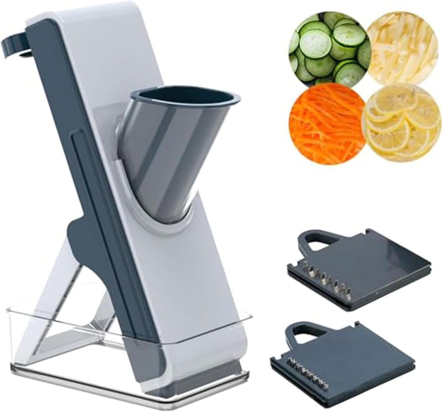 Safe Mandoline Slicer for Kitchen, Vegetable Slicer with Container, French Fry Cutter, All in 1 Julienne Slicer for Potato, Thickness Adjustable, Detachable Blade, Dishwasher Safe（Grey）