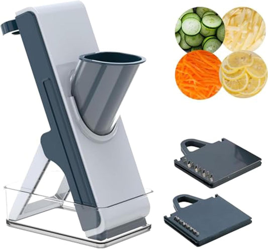 Safe Mandoline Slicer for Kitchen, Vegetable Slicer with Container, French Fry Cutter, All in 1 Julienne Slicer for Potato, Thickness Adjustable, Detachable Blade, Dishwasher Safe（Grey）