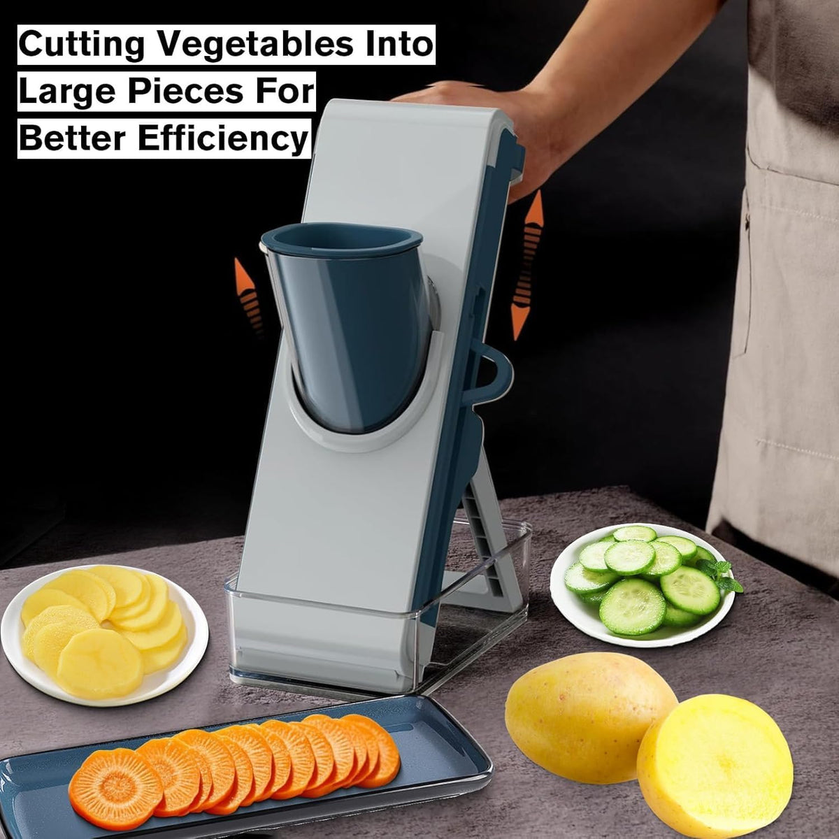 Safe Mandoline Slicer for Kitchen, Vegetable Slicer with Container, French Fry Cutter, All in 1 Julienne Slicer for Potato, Thickness Adjustable, Detachable Blade, Dishwasher Safe（Grey）