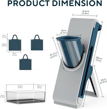 Safe Mandoline Slicer for Kitchen, Vegetable Slicer with Container, French Fry Cutter, All in 1 Julienne Slicer for Potato, Thickness Adjustable, Detachable Blade, Dishwasher Safe（Grey）
