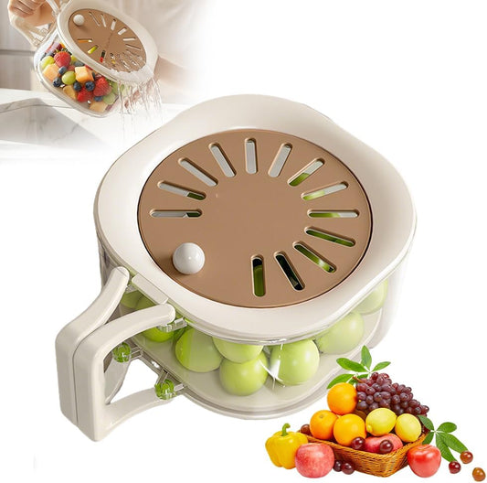 2-in-1 Draining and Preservation Basket,Multifunctional Fruit and Vegetable Washing Bowl with Handle Fruit Strainer Container and Lid for Kitchen Fridge Outdoor Picnic Camping (Brown)