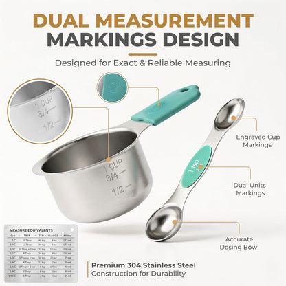 Magnetic Measuring Cups and Spoons Set, 13-Piece 304 Stainless Steel Measuring Set with Leveler, Mini Whisk, Conversion Chart, Double-Sided Spoons for Baking and Cooking