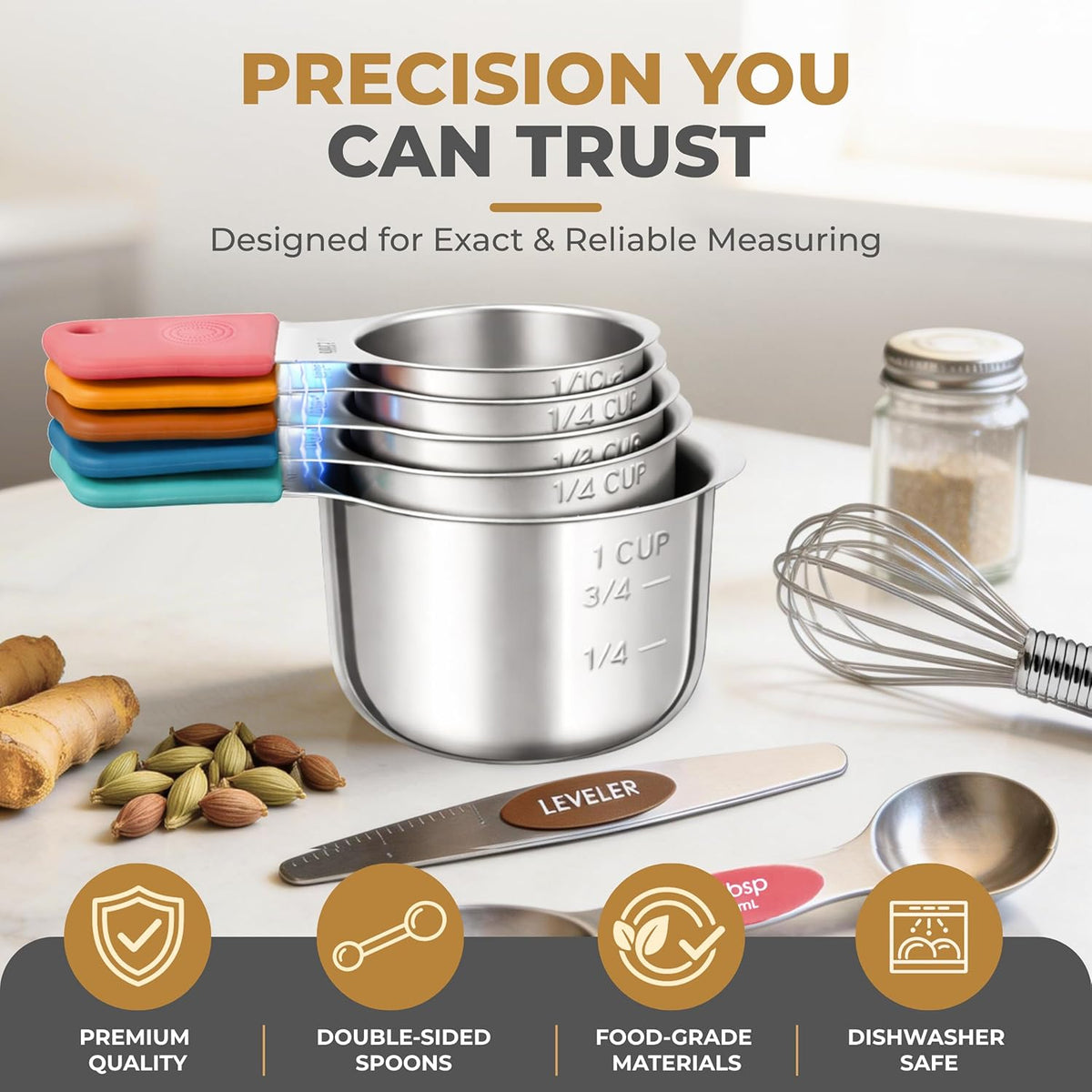 Magnetic Measuring Cups and Spoons Set, 13-Piece 304 Stainless Steel Measuring Set with Leveler, Mini Whisk, Conversion Chart, Double-Sided Spoons for Baking and Cooking