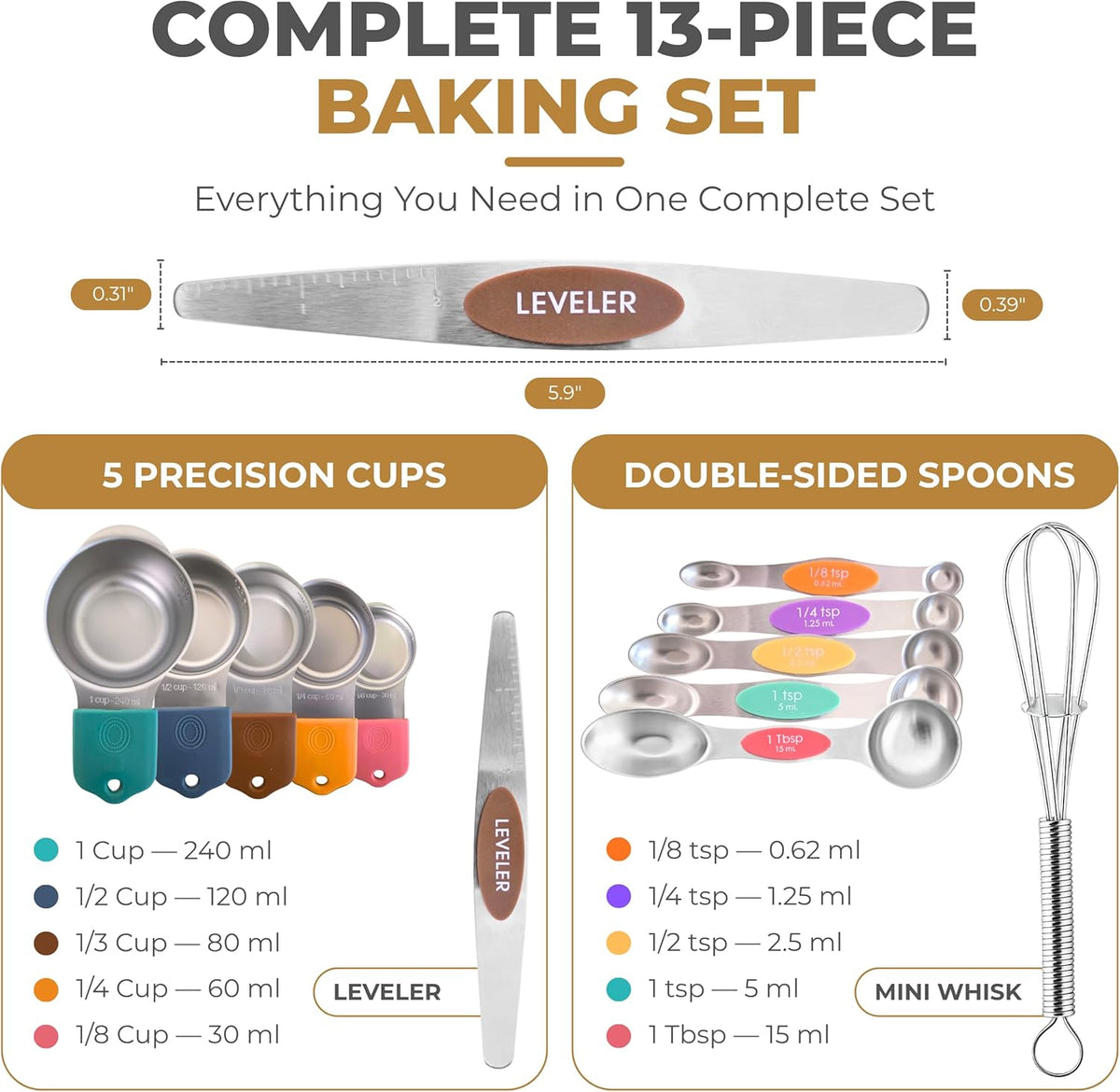 Magnetic Measuring Cups and Spoons Set, 13-Piece 304 Stainless Steel Measuring Set with Leveler, Mini Whisk, Conversion Chart, Double-Sided Spoons for Baking and Cooking