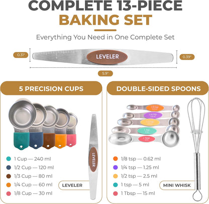 Magnetic Measuring Cups and Spoons Set, 13-Piece 304 Stainless Steel Measuring Set with Leveler, Mini Whisk, Conversion Chart, Double-Sided Spoons for Baking and Cooking