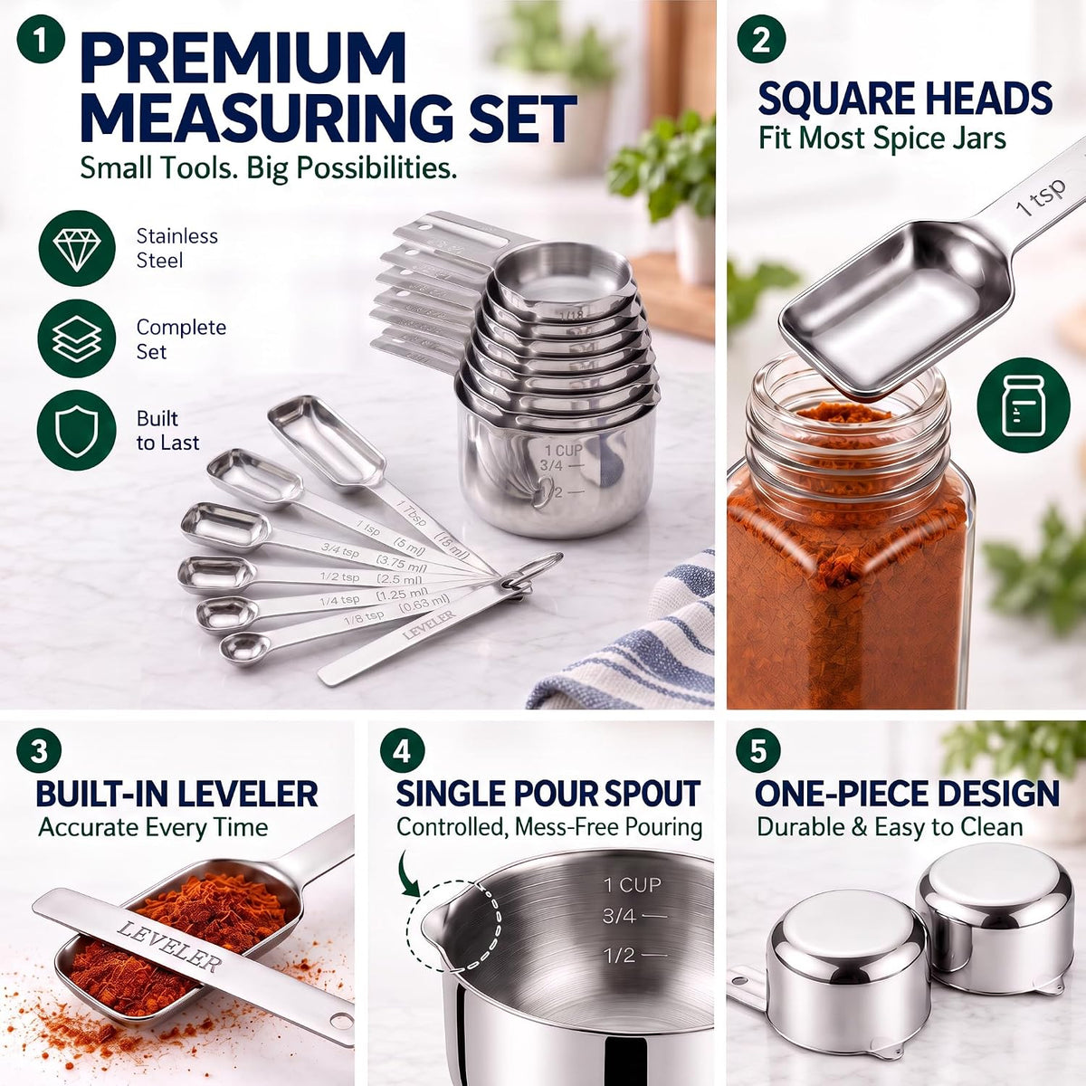Stainless Steel Measuring Cups and Spoons Set, Baking Essentials