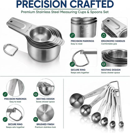 Stainless Steel Measuring Cups and Spoons Set, Baking Essentials
