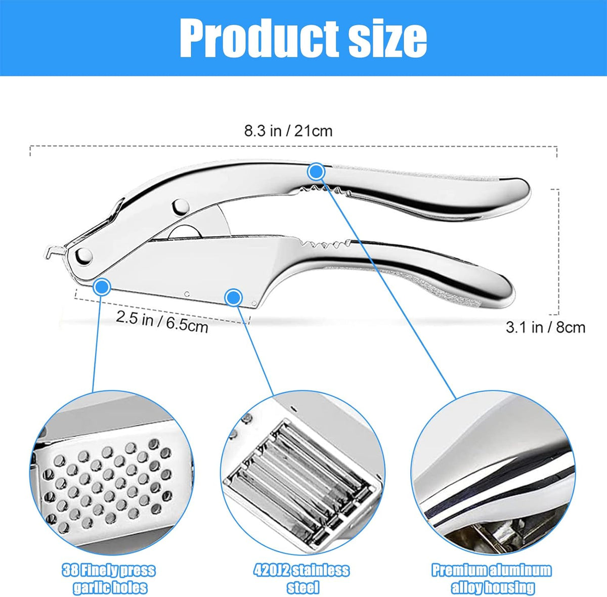 2-in-1 Garlic Cutter Stainless Steel Garlic Press with Ergonomic Non-Slip Handle for Fresh Garlic Ginger Nut Easy to Use & Clean