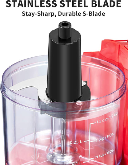 1.5-Cup One-Touch Electric Food Chopper, 100W Mini Food Processor Meat Grinder, Mix, Chop, Mince and Blend Vegetables, Fruits, Nuts, Meats, Stainless Steel Blade (Red)