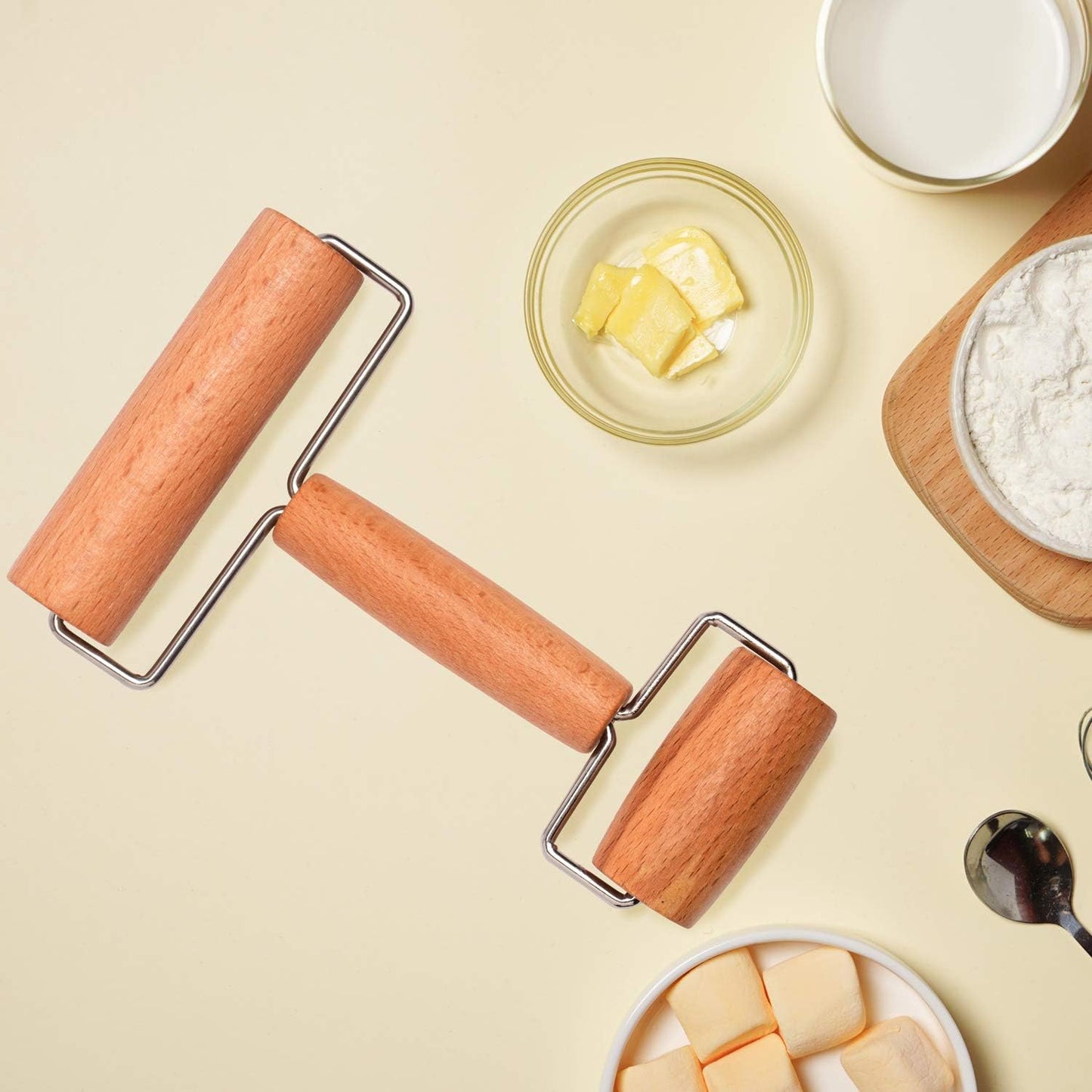 Wood Pastry Pizza Roller 2 Pieces Non Stick Wooden Rolling Pin for Home, Kitchen Baking Cooking Easy to Handle (T-Maple and H-Maple)
