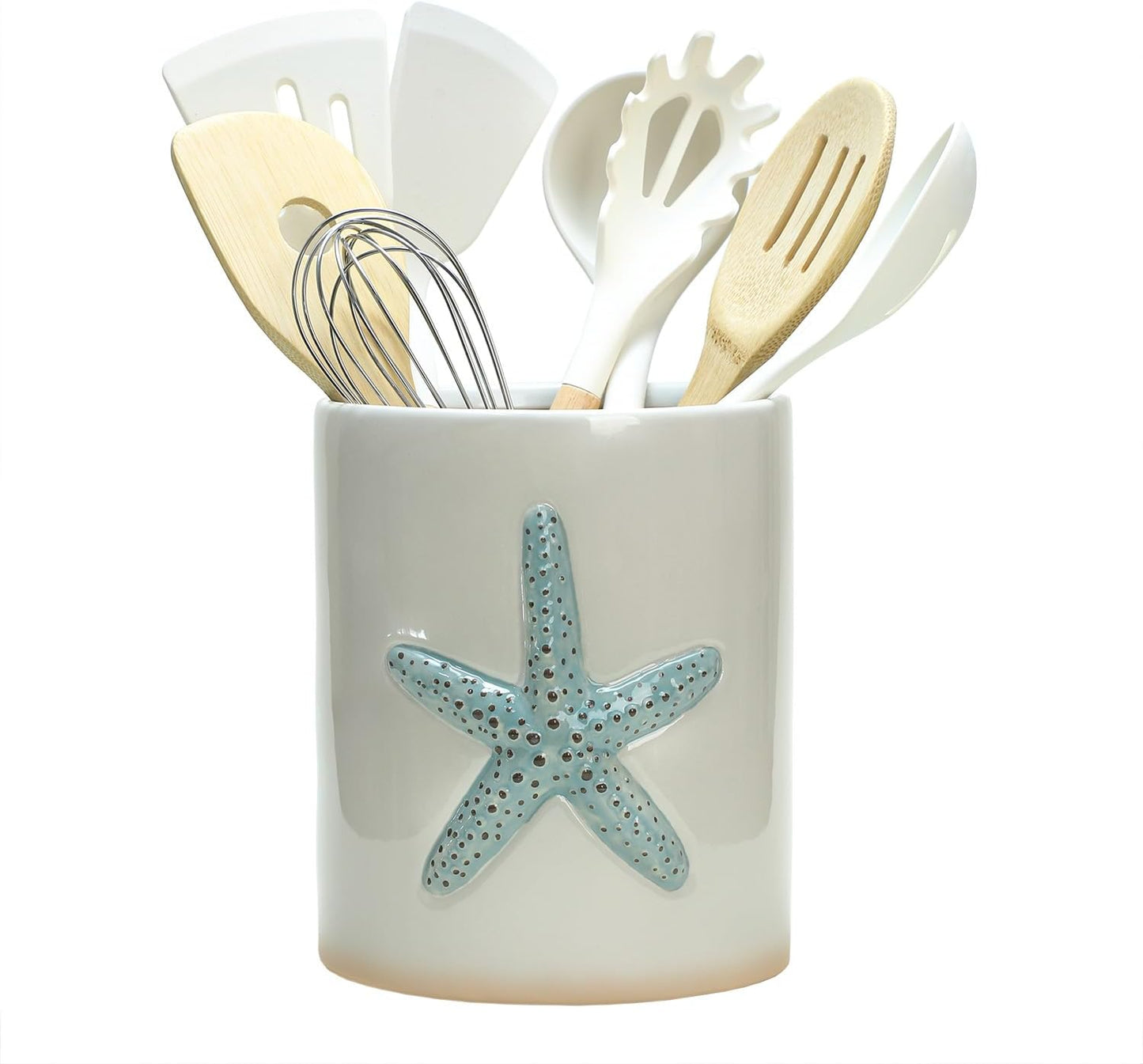 Ceramic Starfish Embossed Utensil Holder, Large Cooking Utensil Crocks for Countertop, Ocean Style Utensil Organizer for Spatula