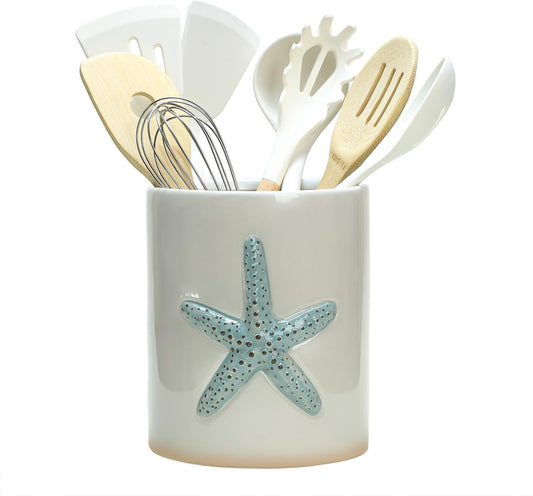 Ceramic Starfish Embossed Utensil Holder, Large Cooking Utensil Crocks for Countertop, Ocean Style Utensil Organizer for Spatula