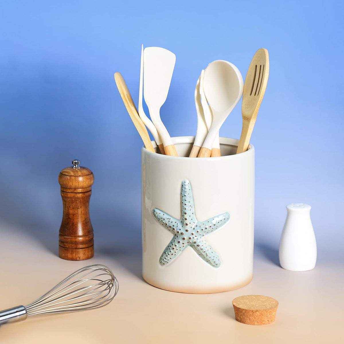 Ceramic Starfish Embossed Utensil Holder, Large Cooking Utensil Crocks for Countertop, Ocean Style Utensil Organizer for Spatula