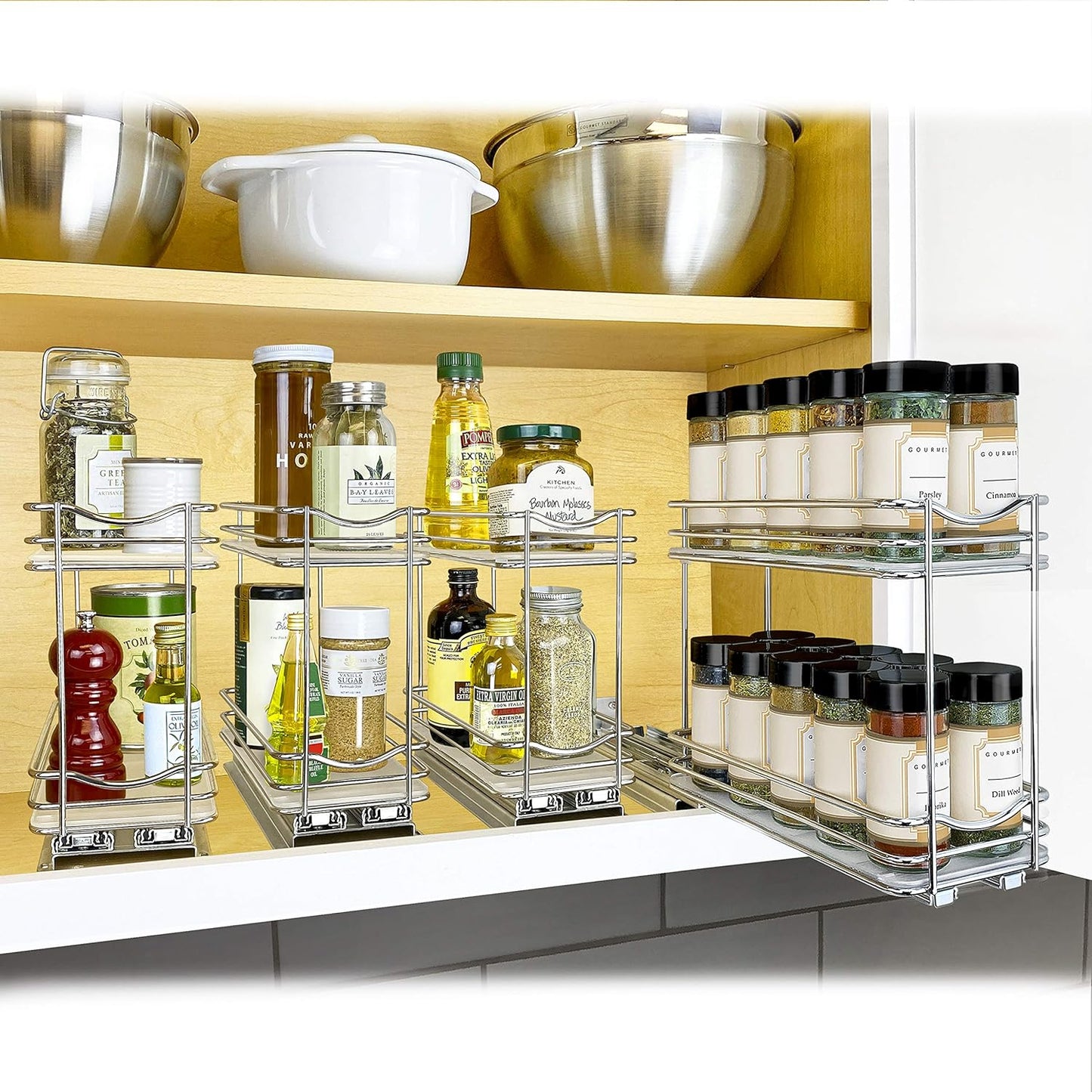 ® Pull Out Spice Organization for Cabinets - 4-3/8 inch Wide – Spice Rack for Inside Cabinets, Slide Out Spice Rack Organizer for cabinet – Pull Out Spice Rack, Sliding 2 Tier Chrome