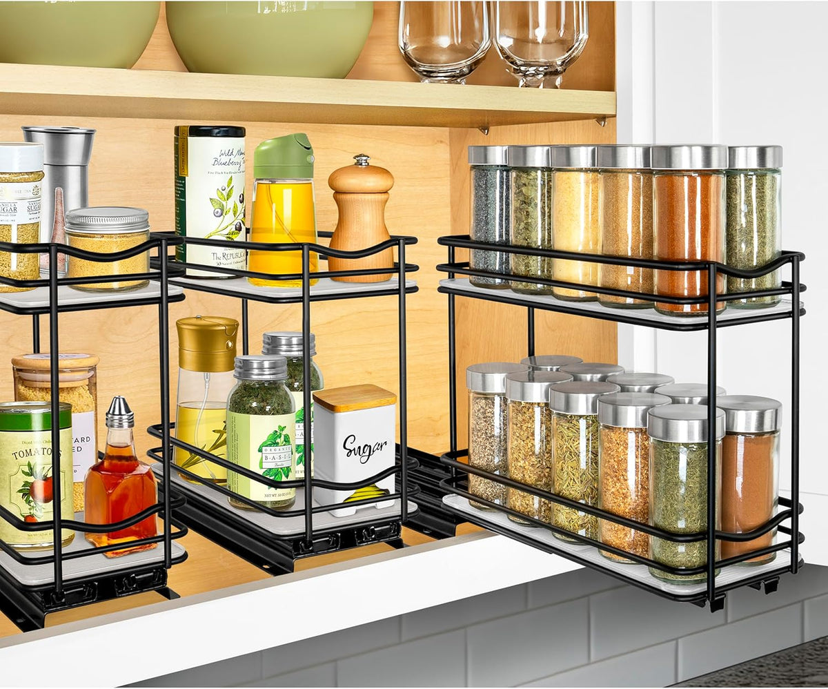 ® Pull Out Spice Organization for Cabinets - 4-3/8 inch Wide – Spice Rack for Inside Cabinets, Slide Out Spice Rack Organizer for cabinet – Pull Out Spice Rack, Sliding 2 Tier Chrome
